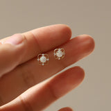 S925 Sterling Silver Four-Claw Round White Opal Stud Earrings, CZ Micro Pave Jewelry Earring AL1009