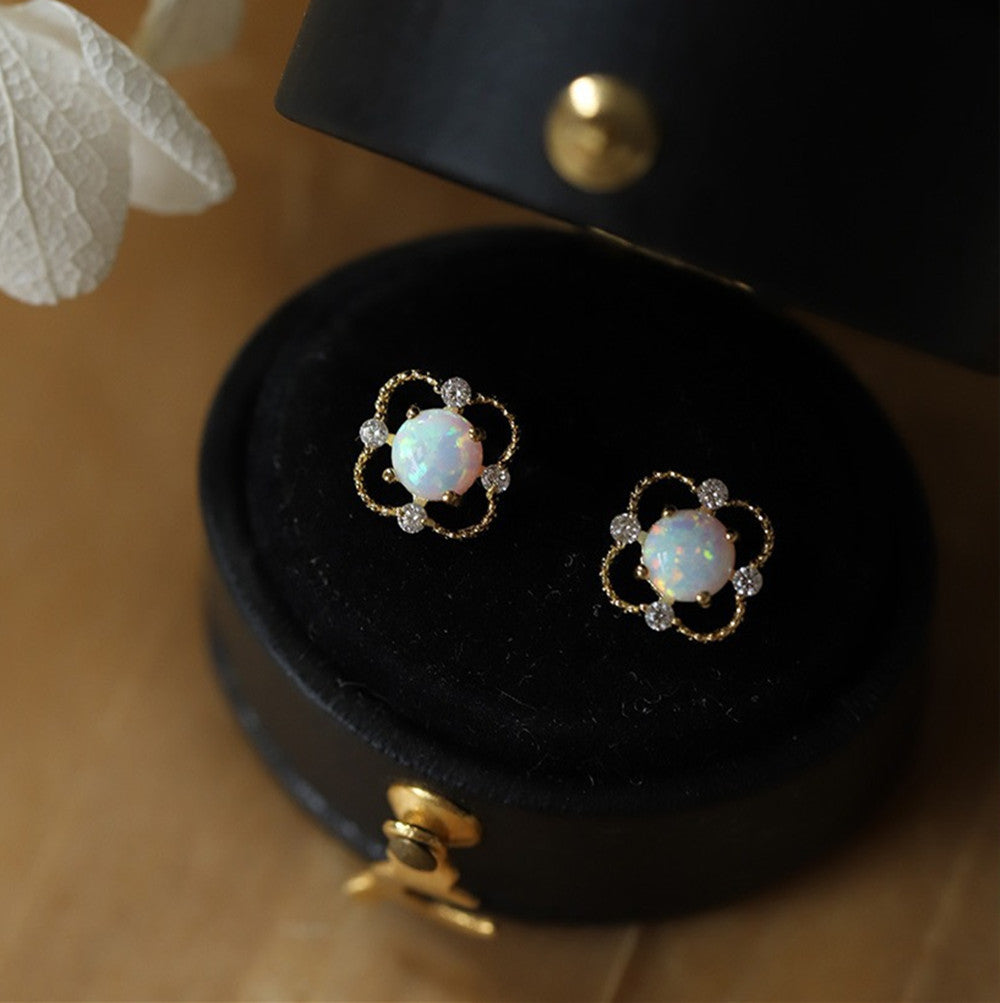 S925 Sterling Silver Four-Claw Round White Opal Stud Earrings, CZ Micro Pave Jewelry Earring AL1009