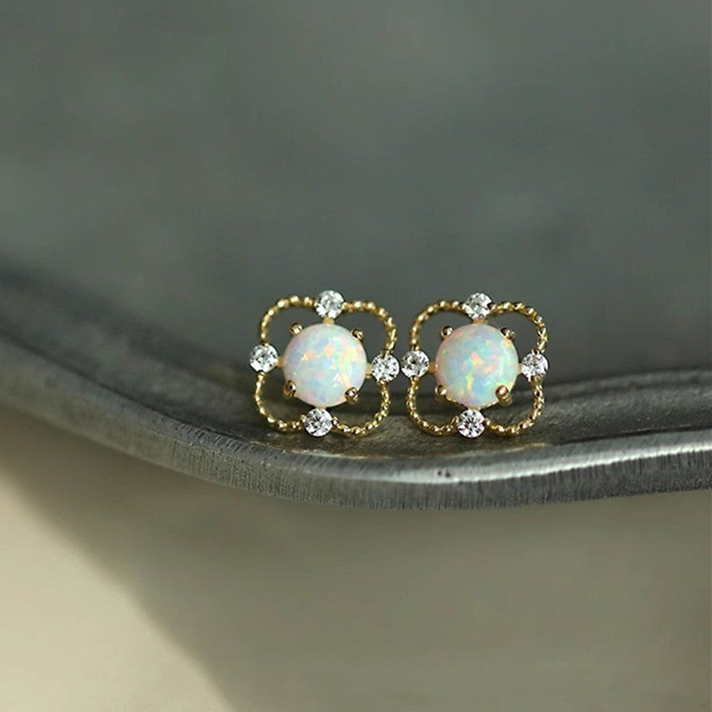 S925 Sterling Silver Four-Claw Round White Opal Stud Earrings, CZ Micro Pave Jewelry Earring AL1009