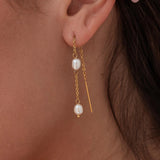 Titanium Steel Double Natural Freshwater Pearl Threader Earrings in 18K Gold Plated AL1010