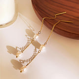 Titanium Steel Double Natural Freshwater Pearl Threader Earrings in 18K Gold Plated AL1010