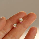 Cute Bow Tie Cat - 14K Gold Opal Stud Earrings CZ Micro Pave, S925 Sterling Silver Jewelry Studs AL1012