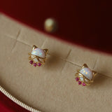 Cute Bow Tie Cat - 14K Gold Opal Stud Earrings CZ Micro Pave, S925 Sterling Silver Jewelry Studs AL1012