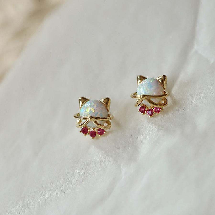 Cute Bow Tie Cat - 14K Gold Opal Stud Earrings CZ Micro Pave, S925 Sterling Silver Jewelry Studs AL1012