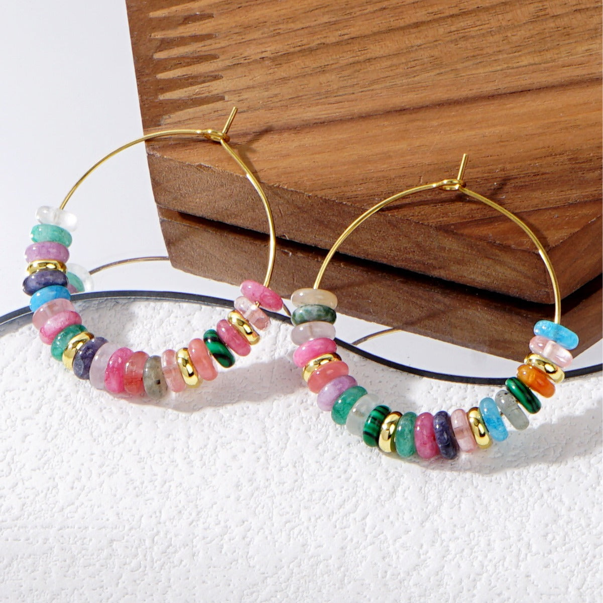 Bohemian Rainbow Natural Stones Beads Hoop Earrings AL1014