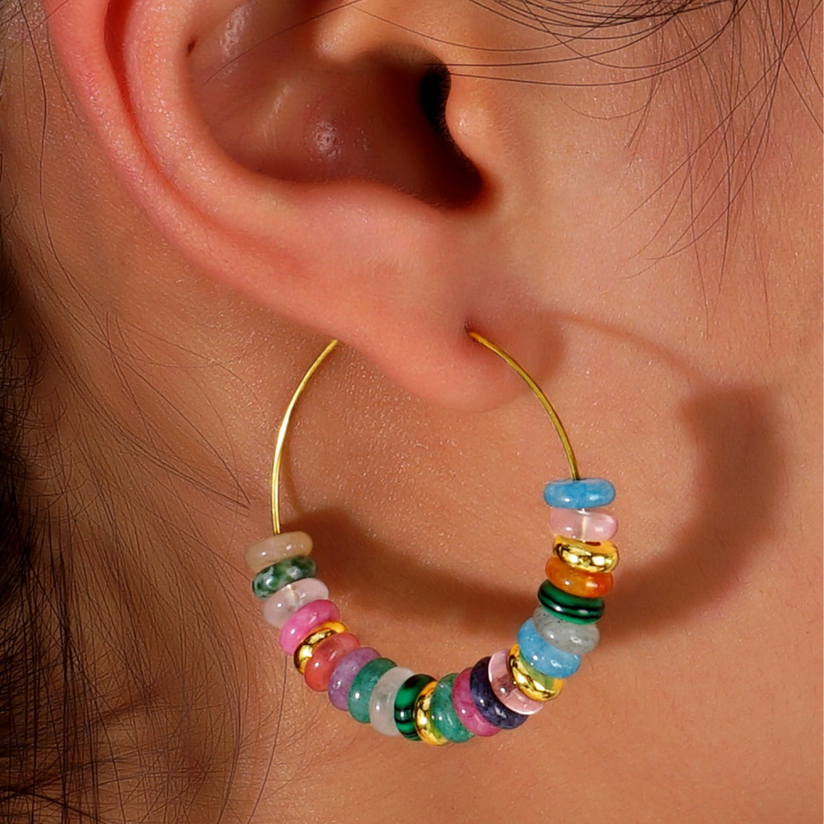 Bohemian Rainbow Natural Stones Beads Hoop Earrings AL1014