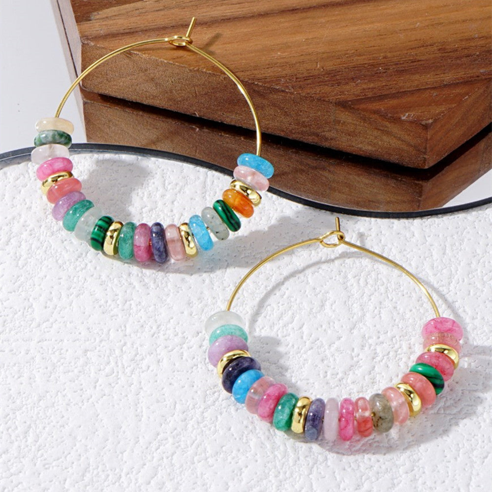 Bohemian Rainbow Natural Stones Beads Hoop Earrings AL1014