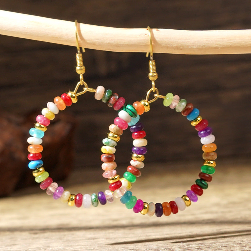 Bohemian Big Circle Round Rainbow Natural Stones Beads Hoop Earrings, Handmade Boho Jewelry Women Earring AL1015