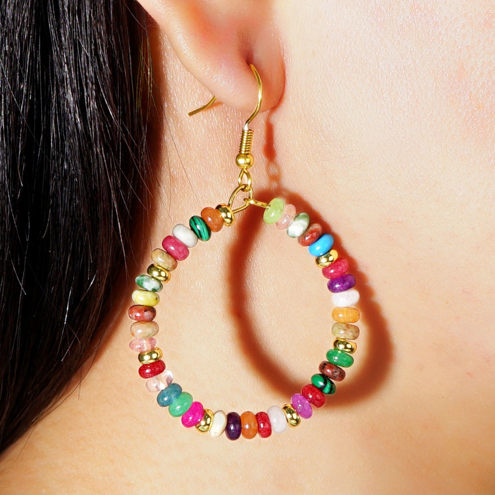 Bohemian Big Circle Round Rainbow Natural Stones Beads Hoop Earrings, Handmade Boho Jewelry Women Earring AL1015