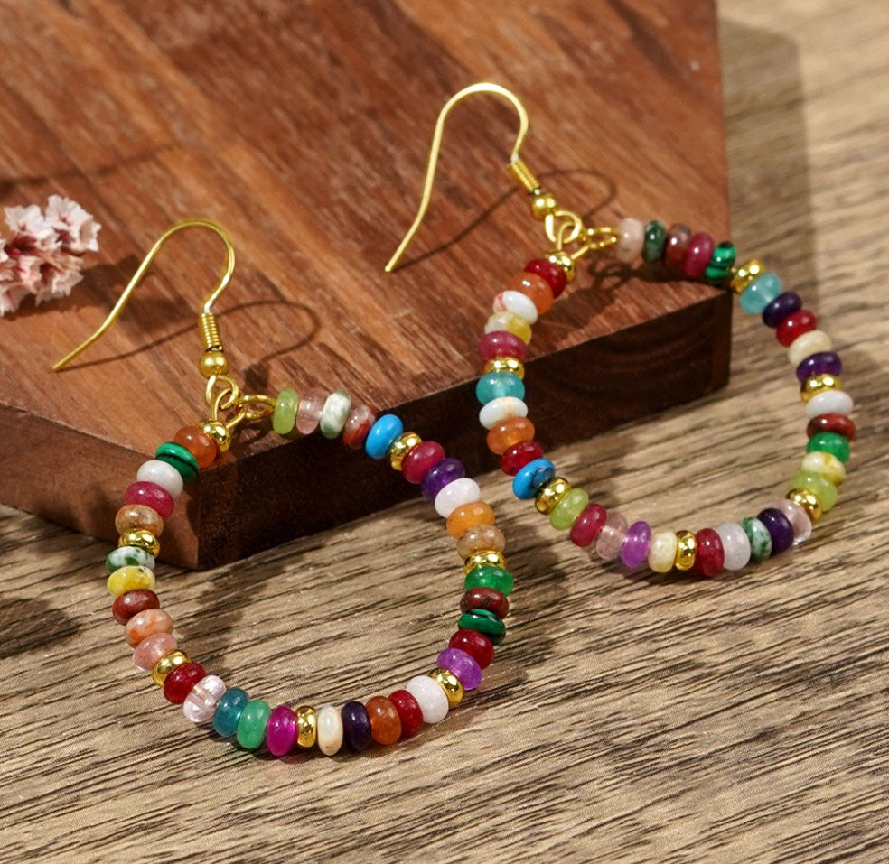 Bohemian Big Circle Round Rainbow Natural Stones Beads Hoop Earrings, Handmade Boho Jewelry Women Earring AL1015