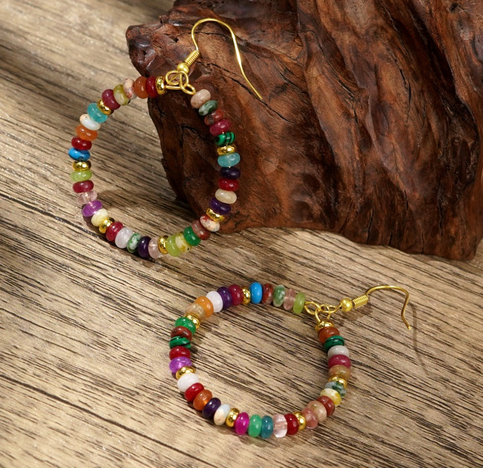 Bohemian Big Circle Round Rainbow Natural Stones Beads Hoop Earrings, Handmade Boho Jewelry Women Earring AL1015