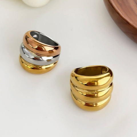 Tricolor Titanium Stainless Steel 3-Layer Smooth Gold Band Ring in 18K Gold Plated AL1021