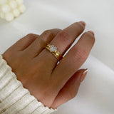 Lace Edge CZ Heart Gold Band Ring, Titanium Stainless Steel in 18K Gold Plated, Zircon Heart Jewelry Ring AL1022