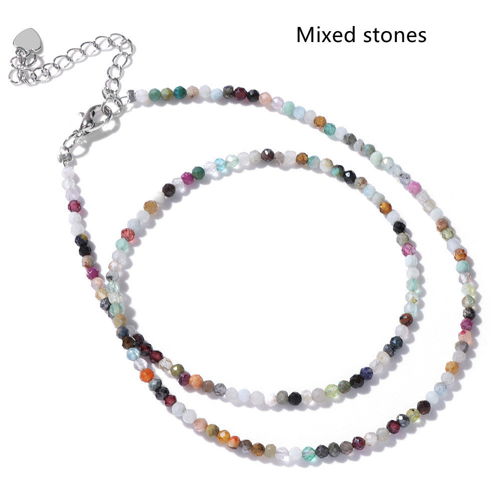 13” Skinny Silver Plated 2mm Natural Stone Faceted Beaded Choker Necklace, Rainbow Gemstone Crystal Jewelry Necklace AL1024