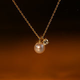 16" S925 Sterling Silver Small Pearl & CZ Pendant Necklace in 14K Gold Plated, Fashion Women Nekclace AL1028