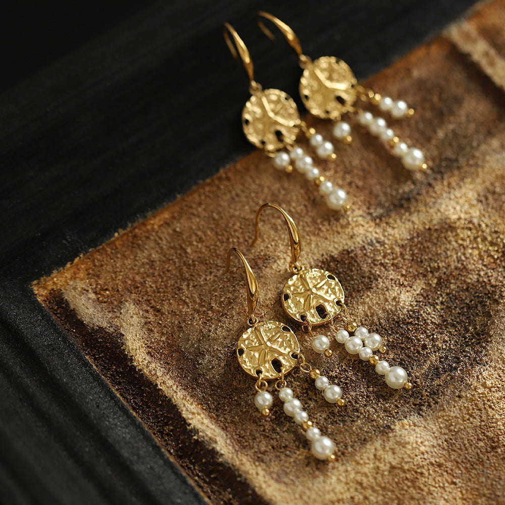 Boho Gold Plated Starfish Pattern Coin & Pearl Dangle Earrings, Titanium Steel, Beach Summer Jewelry Drop Earring AL1030