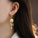 Boho Gold Plated Starfish Pattern Coin & Pearl Dangle Earrings, Titanium Steel, Beach Summer Jewelry Drop Earring AL1030