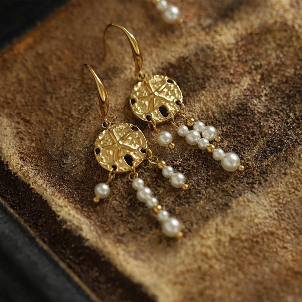 Boho Gold Plated Starfish Pattern Coin & Pearl Dangle Earrings, Titanium Steel, Beach Summer Jewelry Drop Earring AL1030