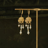 Boho Gold Plated Starfish Pattern Coin & Pearl Dangle Earrings, Titanium Steel, Beach Summer Jewelry Drop Earring AL1030