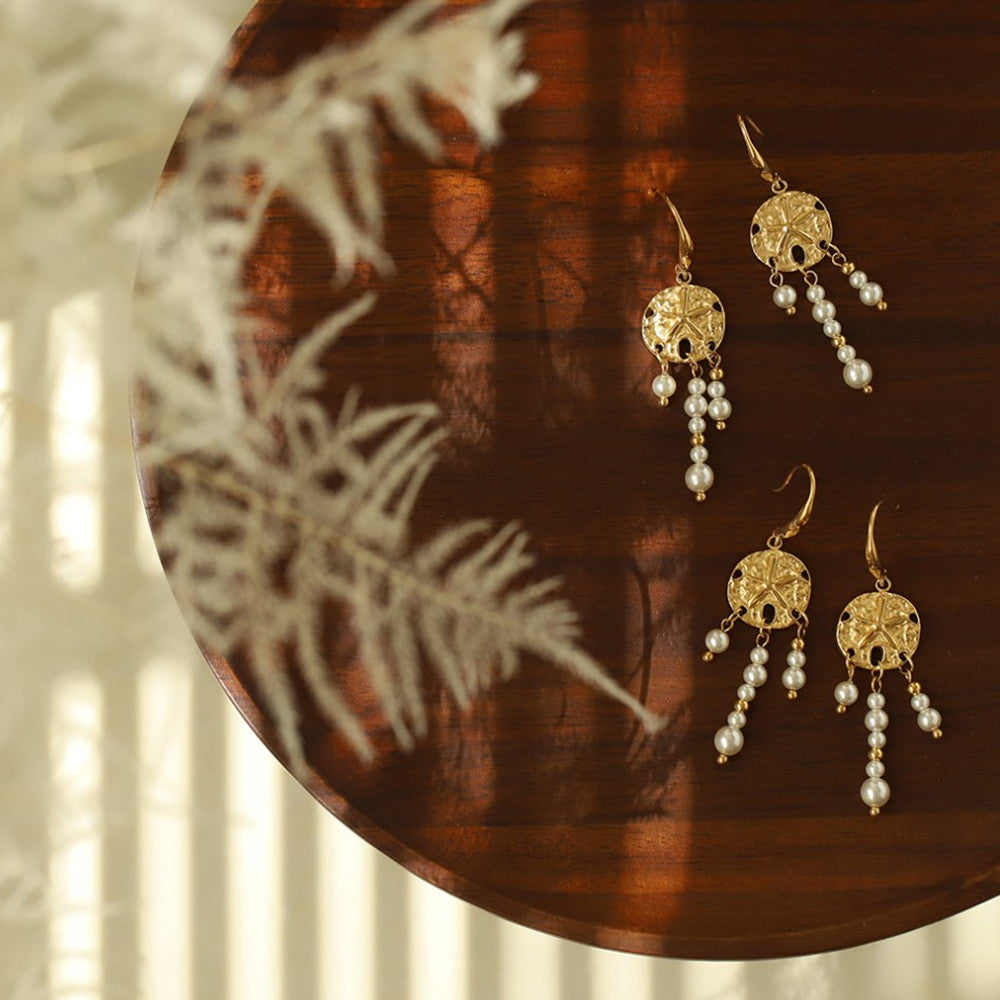 Boho Gold Plated Starfish Pattern Coin & Pearl Dangle Earrings, Titanium Steel, Beach Summer Jewelry Drop Earring AL1030