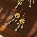 Boho Gold Plated Starfish Pattern Coin & Pearl Dangle Earrings, Titanium Steel, Beach Summer Jewelry Drop Earring AL1030