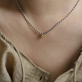 16" Dual-Colored Gold Plated Small Heart Pendant & Silver Bead Chain Necklace, Titanium Steel Lady Fashion Jewelry AL1031