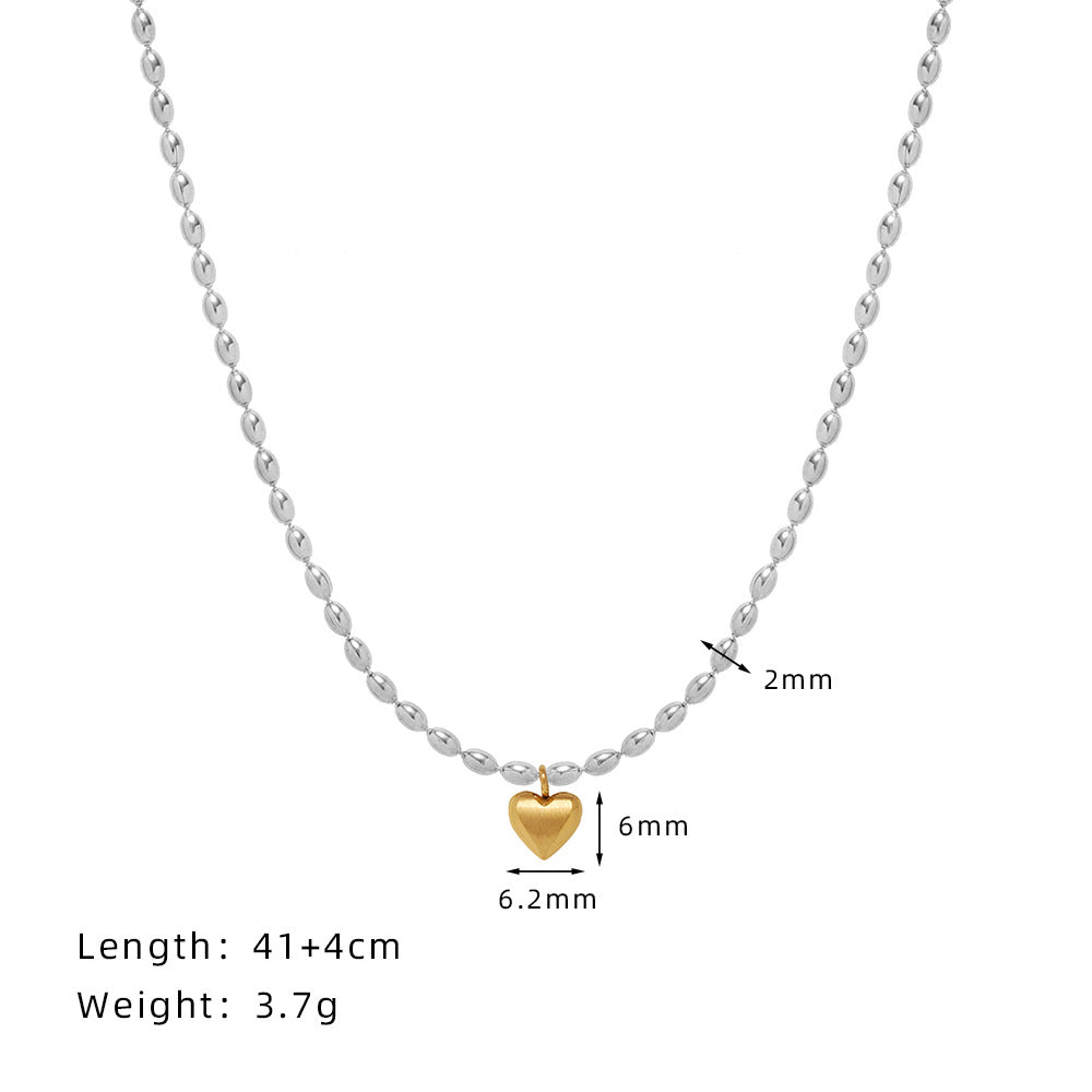 16" Dual-Colored Gold Plated Small Heart Pendant & Silver Bead Chain Necklace, Titanium Steel Lady Fashion Jewelry AL1031