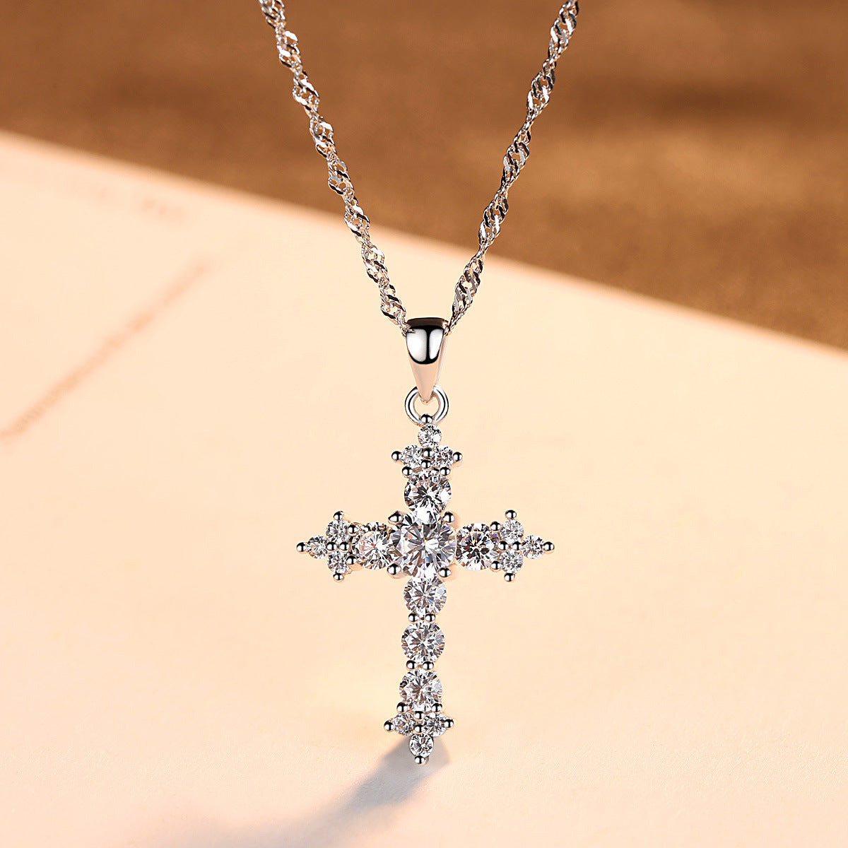 16" S925 Sterling Silver CZ Cross Pendant Necklace, Fashion Zircon Cross Necklace Jewelry AL1033