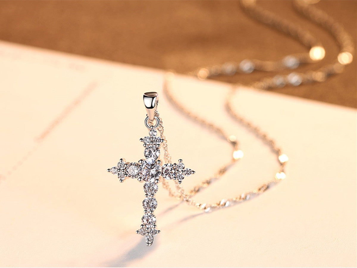 16" S925 Sterling Silver CZ Cross Pendant Necklace, Fashion Zircon Cross Necklace Jewelry AL1033