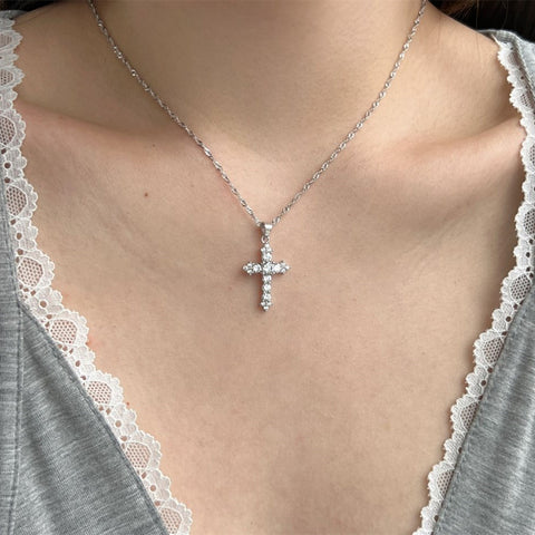 16" S925 Sterling Silver CZ Cross Pendant Necklace, Fashion Zircon Cross Necklace Jewelry AL1033