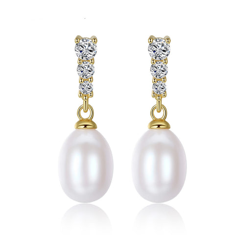 925 Sterling Silver Natural Freshwater Pearl CZ Bar Stud Earrings, Pearl Drop Earring, Fashion Simple Jewelry AL1034