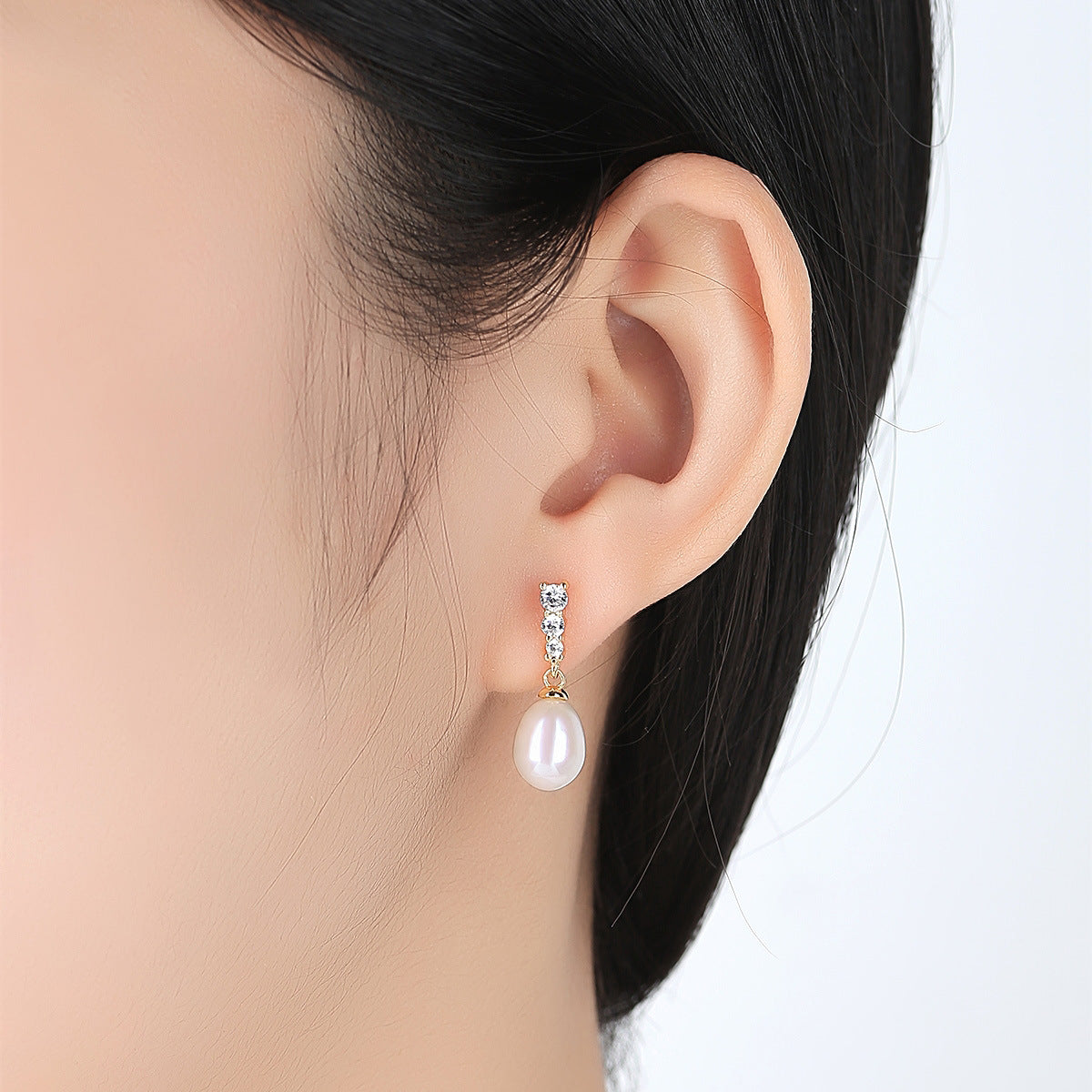 925 Sterling Silver Natural Freshwater Pearl CZ Bar Stud Earrings, Pearl Drop Earring, Fashion Simple Jewelry AL1034