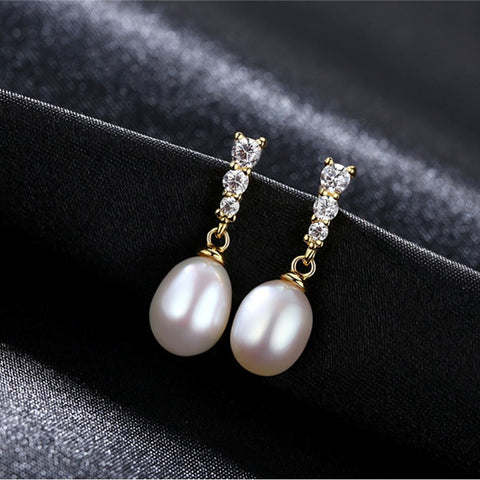 925 Sterling Silver Natural Freshwater Pearl CZ Bar Stud Earrings, Pearl Drop Earring, Fashion Simple Jewelry AL1034