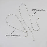 Long & Short Interstellar Silver Gray Pearl Beads Rosary Chain Necklace, Titanium Steel Glass Pearl Necklace AL1035