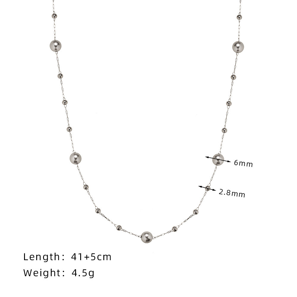 Long & Short Interstellar Silver Gray Pearl Beads Rosary Chain Necklace, Titanium Steel Glass Pearl Necklace AL1035