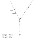 Long & Short Interstellar Silver Gray Pearl Beads Rosary Chain Necklace, Titanium Steel Glass Pearl Necklace AL1035