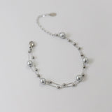 Double-Layer Interstellar Silver Gray Pearl Beads Rosary Chain Bracelet, Titanium Steel Glass Pearl Bracelet AL1036