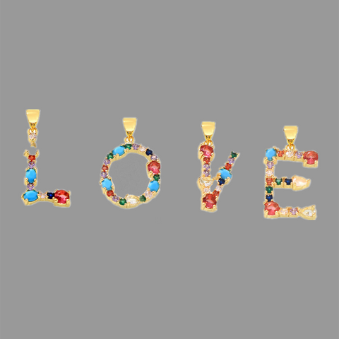 Gold Plated Rainbow Zircon Blue Howlite 26 Letter Pendants, CZ Micro Pave Letter Jewelry Making AL1037