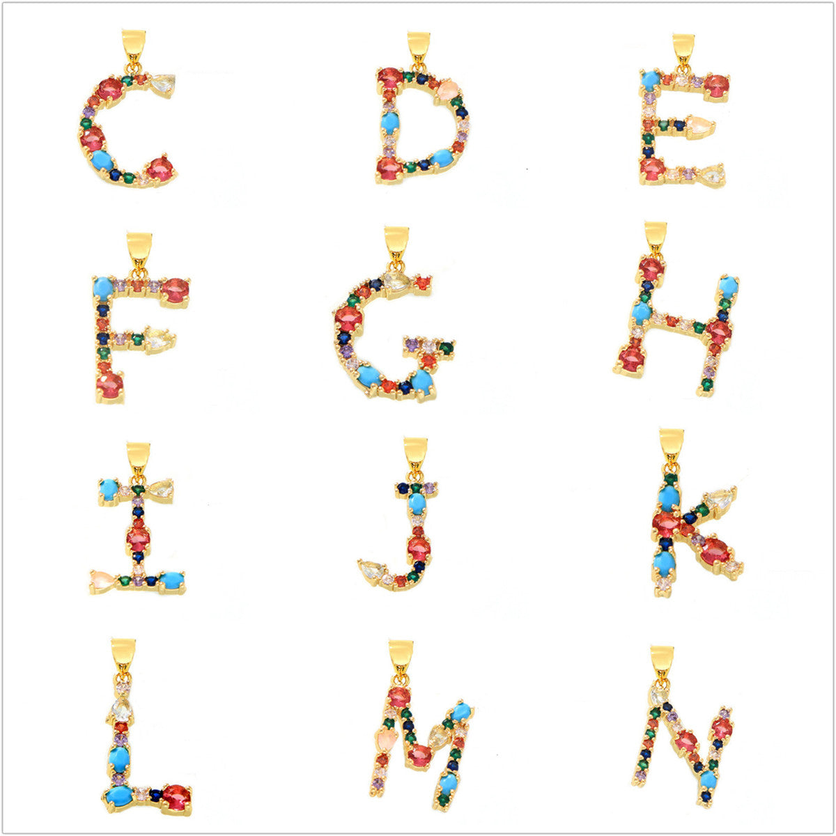 Gold Plated Rainbow Zircon Blue Howlite 26 Letter Pendants, CZ Micro Pave Letter Jewelry Making AL1037