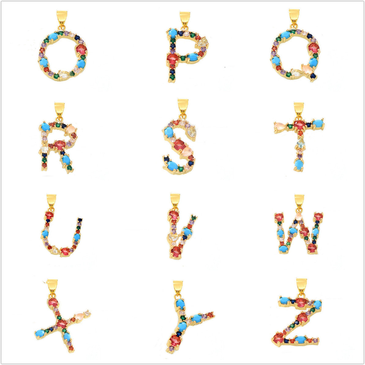 Gold Plated Rainbow Zircon Blue Howlite 26 Letter Pendants, CZ Micro Pave Letter Jewelry Making AL1037