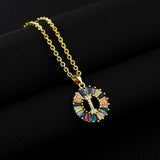 16" Gold Plated Brass Rainbow CZ Micro Pave Letter Pendant Necklace AL1038