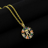 16" Gold Plated Brass Rainbow CZ Micro Pave Letter Pendant Necklace AL1038