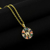 16" Gold Plated Brass Rainbow CZ Micro Pave Letter Pendant Necklace AL1038