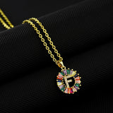 16" Gold Plated Brass Rainbow CZ Micro Pave Letter Pendant Necklace AL1038