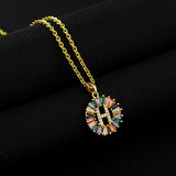 16" Gold Plated Brass Rainbow CZ Micro Pave Letter Pendant Necklace AL1038