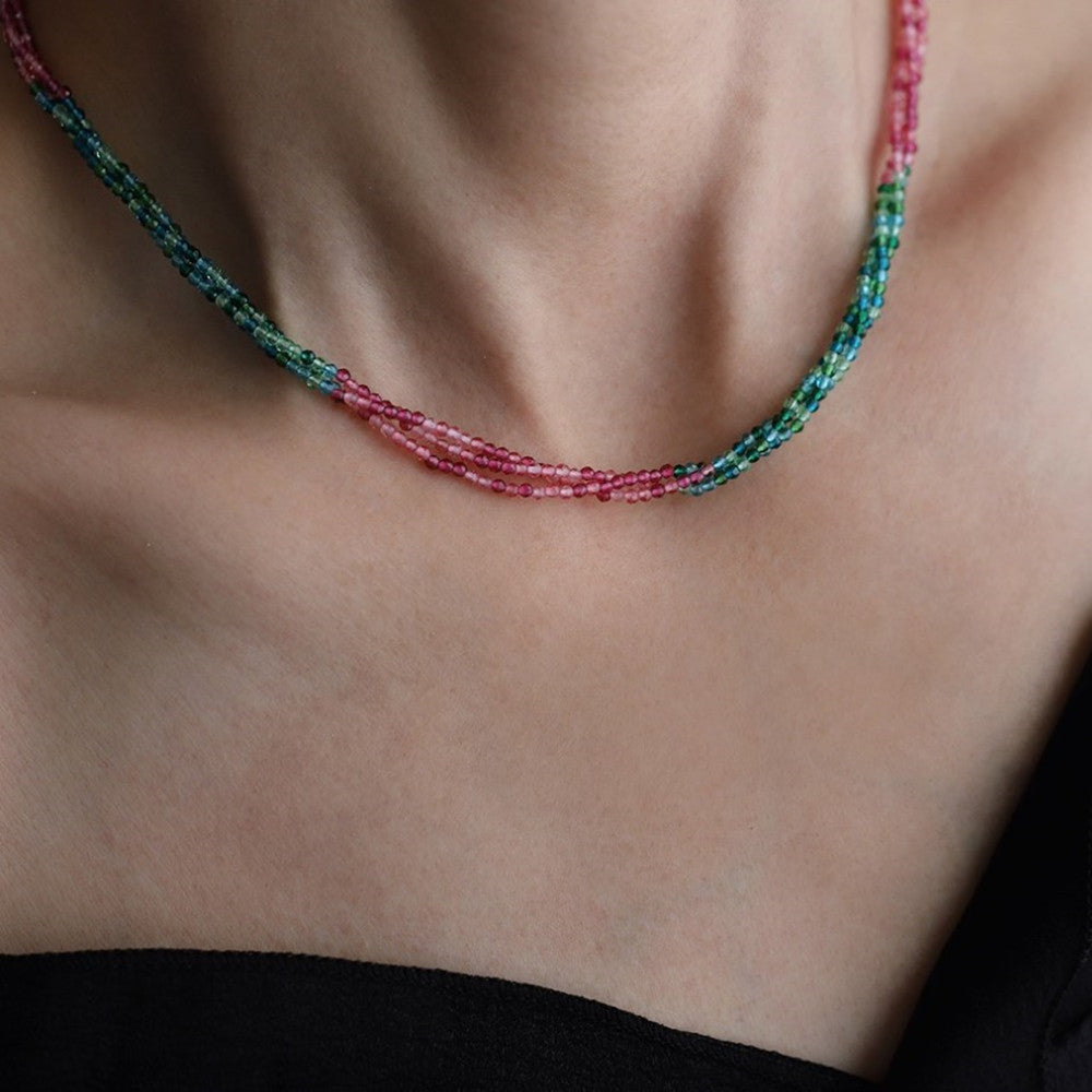 15” Fashion 3-Layers Rainbow Glass Quartz Faceted Beads Choker Necklace, Imitation Tourmaline Beaded Necklace AL1041