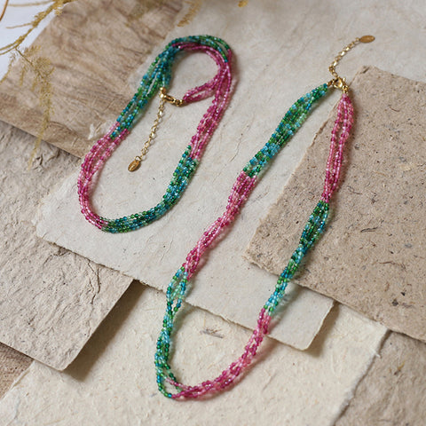 15” Fashion 3-Layers Rainbow Glass Quartz Faceted Beads Choker Necklace, Imitation Tourmaline Beaded Necklace AL1041