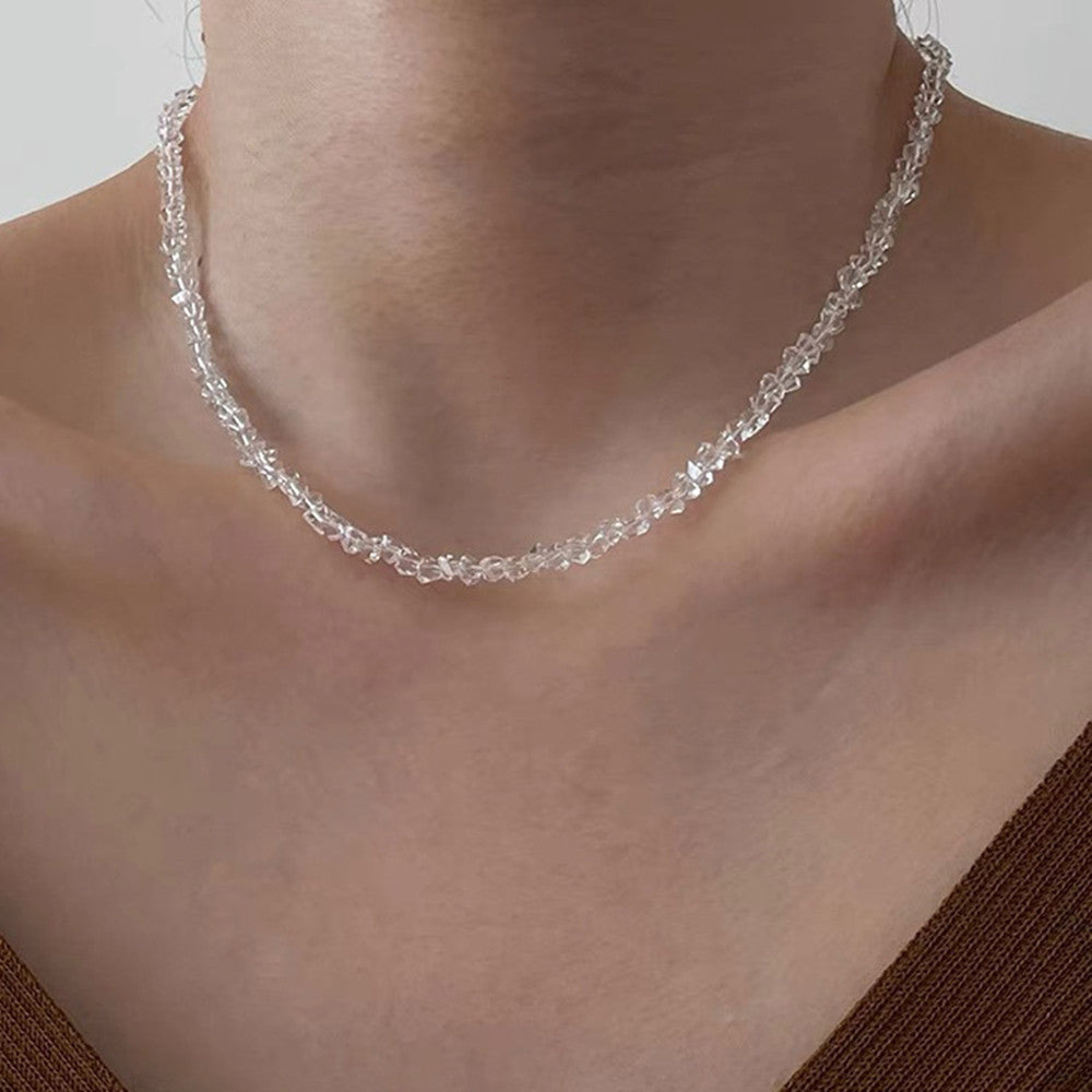 15" Glistening White Quartz Faceted Beaded Necklace, Clear Crystal Chip Beads Women's Necklace AL1043