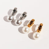 Gold Plated Diamond-Pattern Hoop Silver Gray & White Pearl Earrings, Daily Wear, Lady Fashion Jewelry AL1044