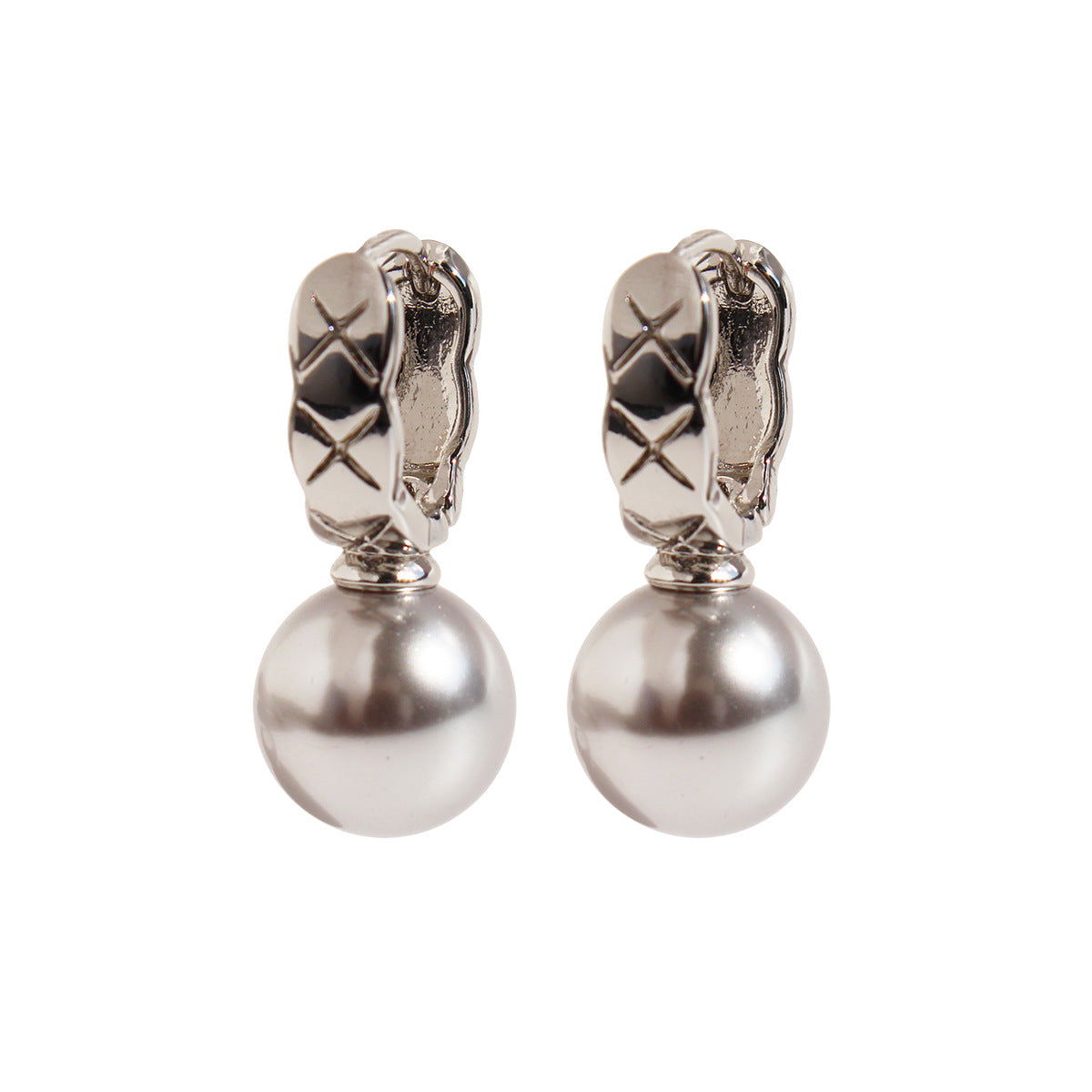 Gold Plated Diamond-Pattern Hoop Silver Gray & White Pearl Earrings, Daily Wear, Lady Fashion Jewelry AL1044